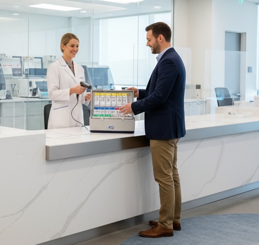 Staff member in a lab coat at the sample intake counter, receiving a case of test samples from a customer.