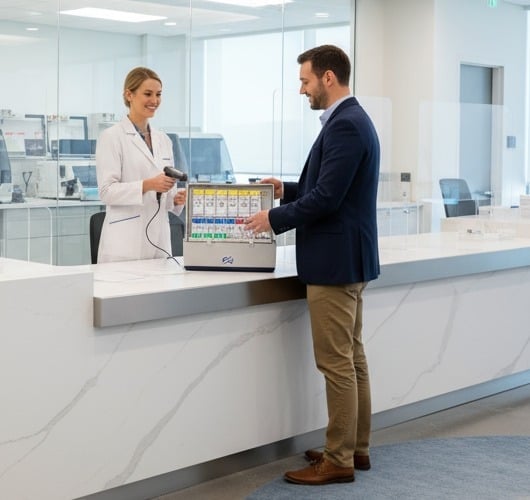 Staff member in a lab coat at the sample intake counter, receiving a case of test samples from a customer.