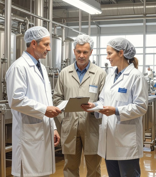 Three staff members in protective clothing discuss documents on a clipboard in a production facility.