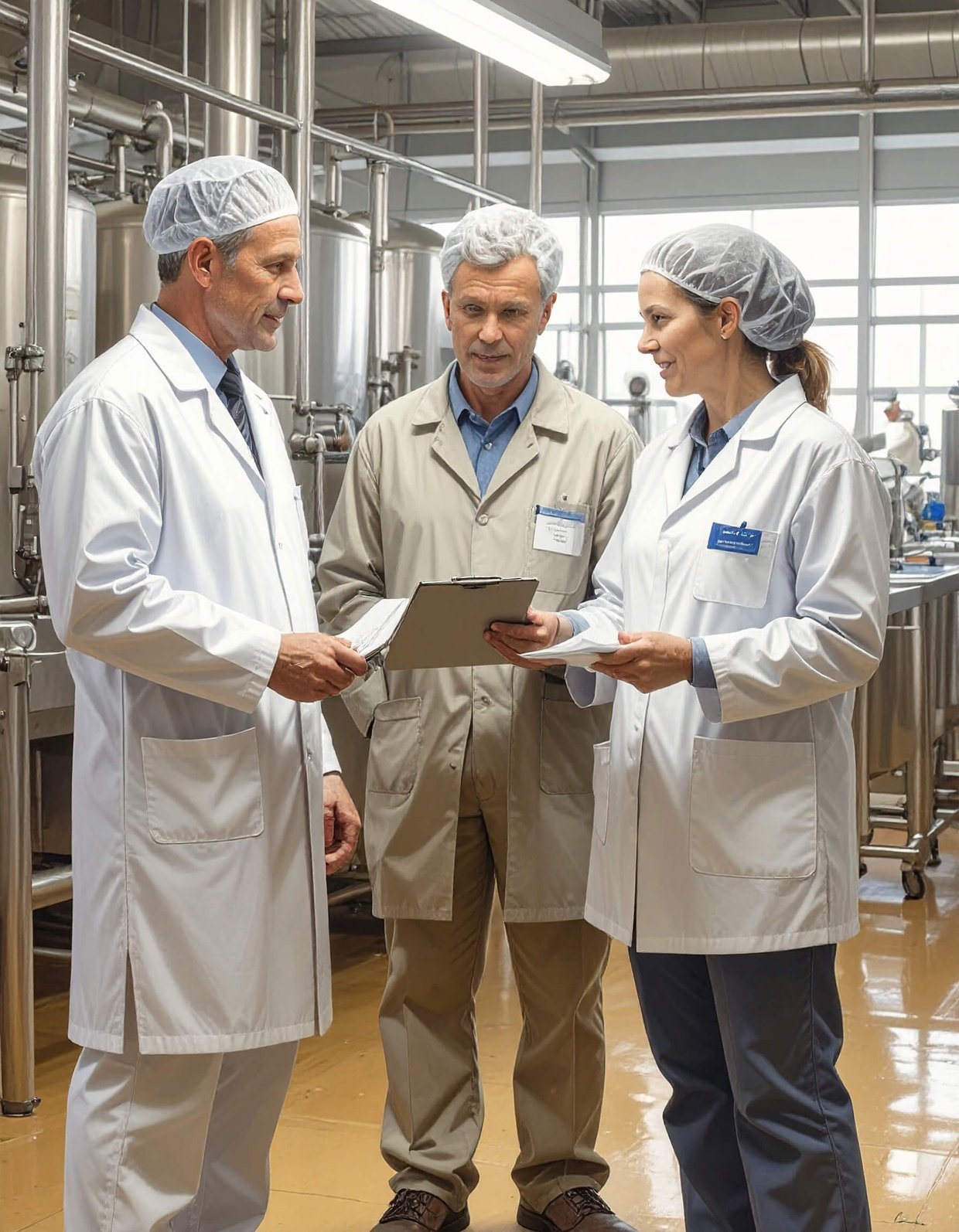 Three laboratory staff discuss documents in an industrial production facility.
