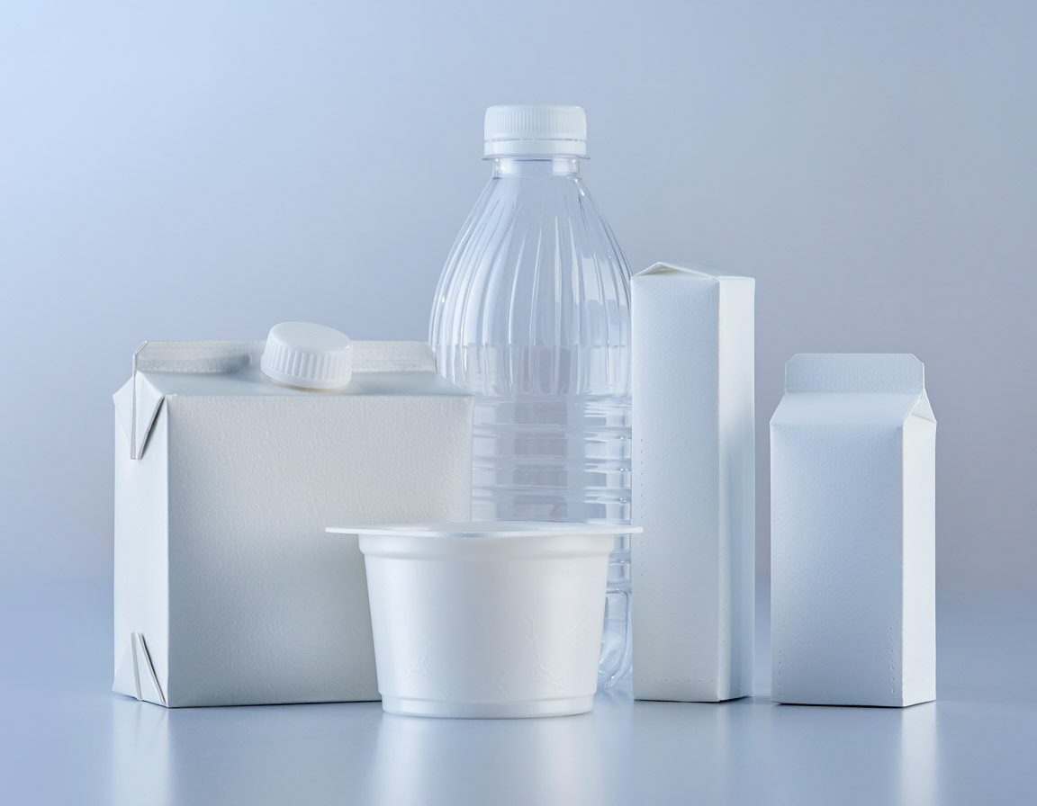 Various packaging containers arranged on a gray background, showing different shapes, sizes, and materials.