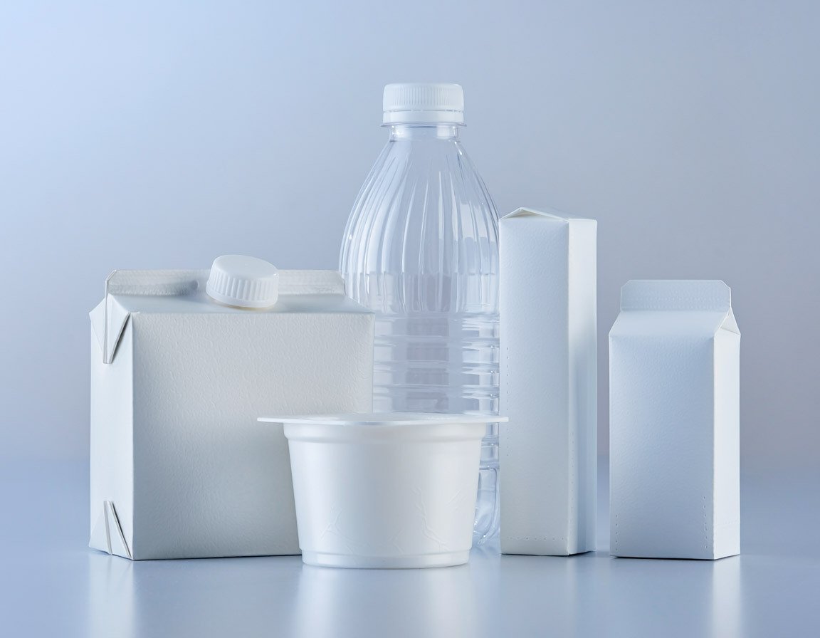Various packaging containers arranged on a gray background, showing different shapes, sizes, and materials.