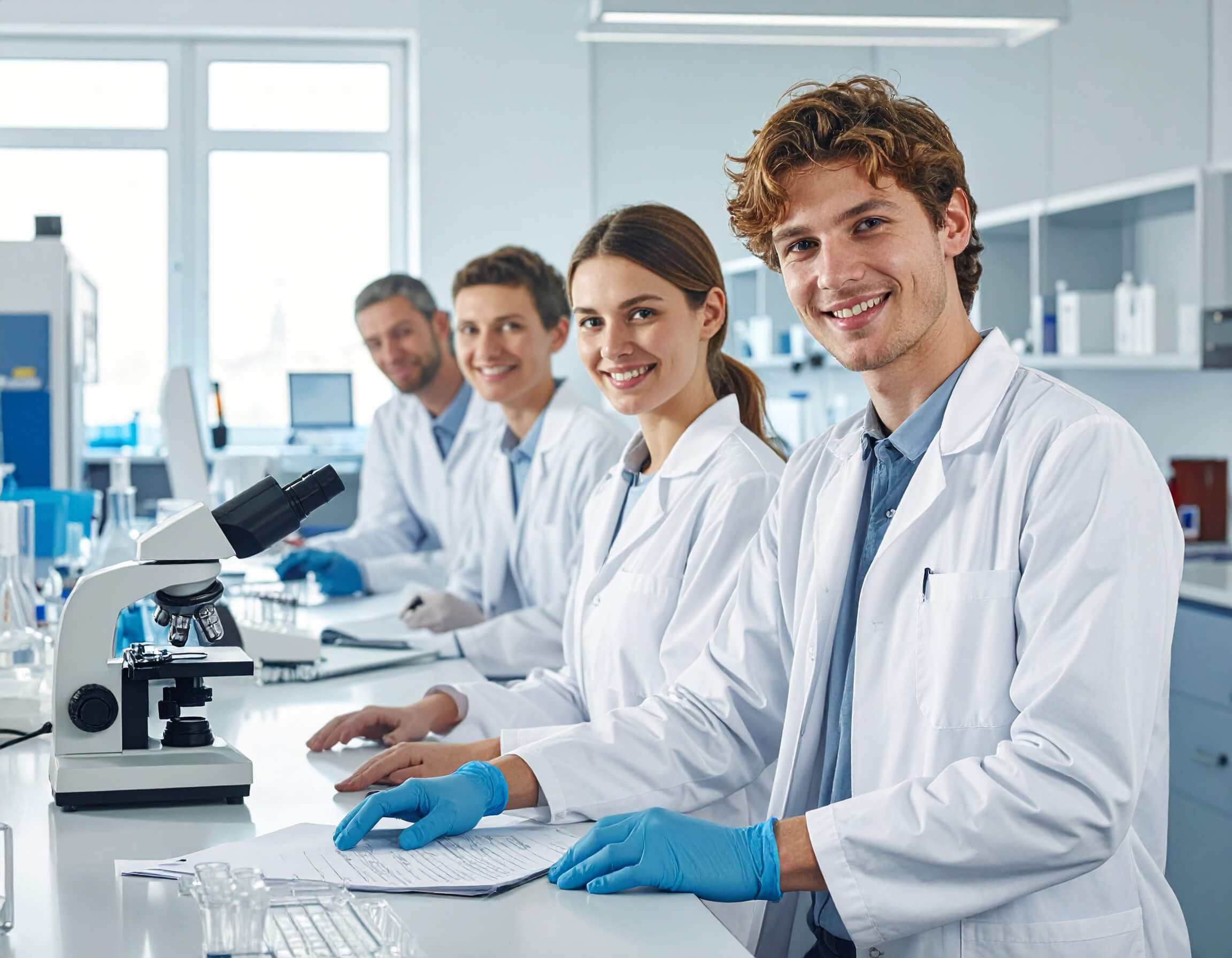 Four scientists in lab coats sit together at a laboratory bench with a microscope and testing equipment.