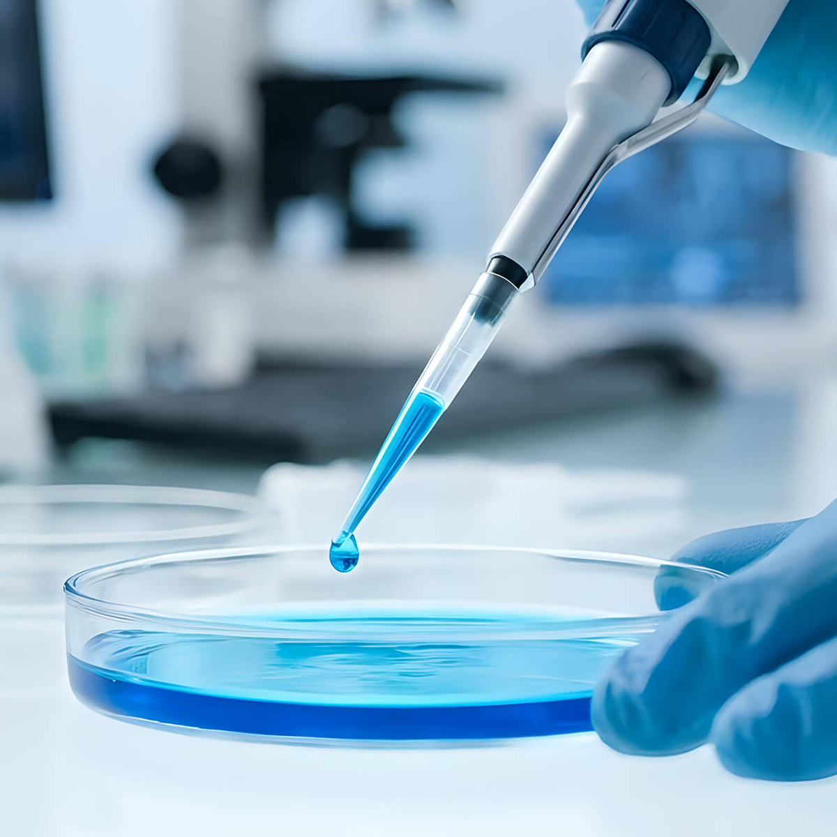 Scientist using a pipette to add blue liquid to a petri dish in a laboratory.