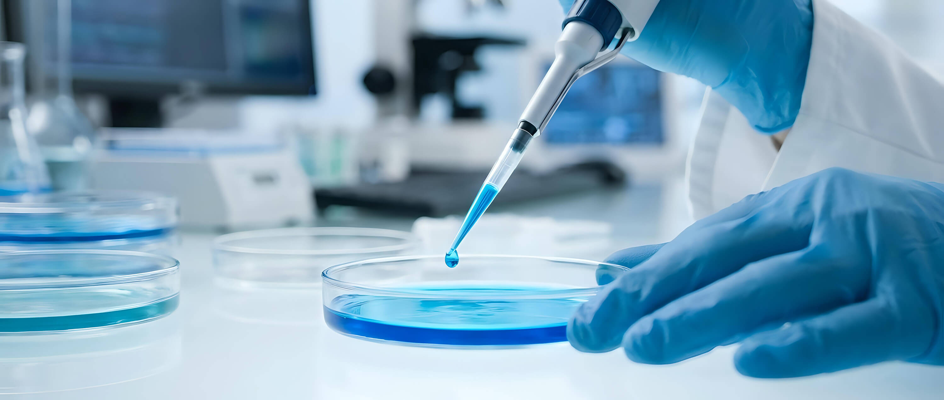 Scientist using a pipette to add blue liquid to a petri dish in a laboratory.