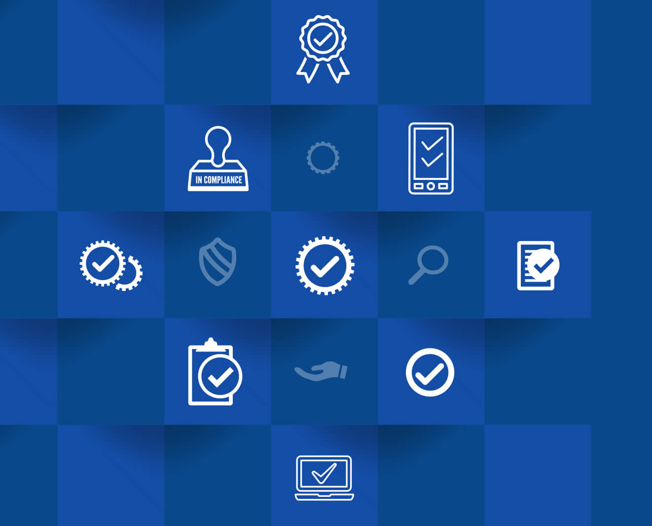 Blue background with white compliance icons representing certification, inspection, approval, and verification.