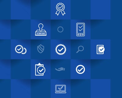 Blue background with white compliance icons representing certification, inspection, approval, and verification.