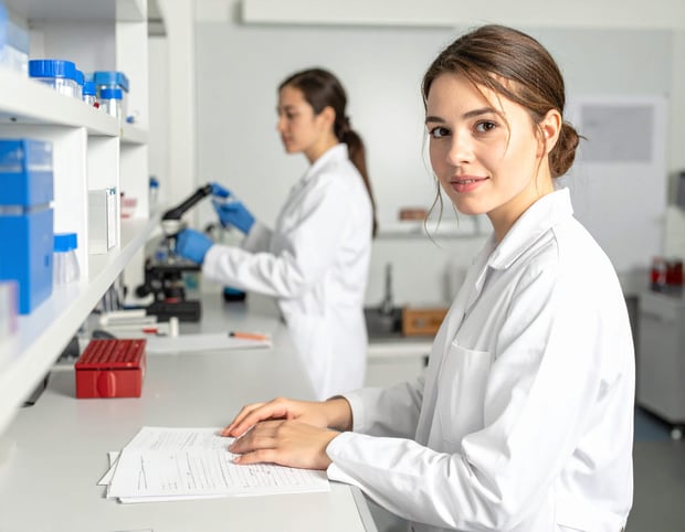 Laboratory employee reviewing documents while another scientist works with a microscope.