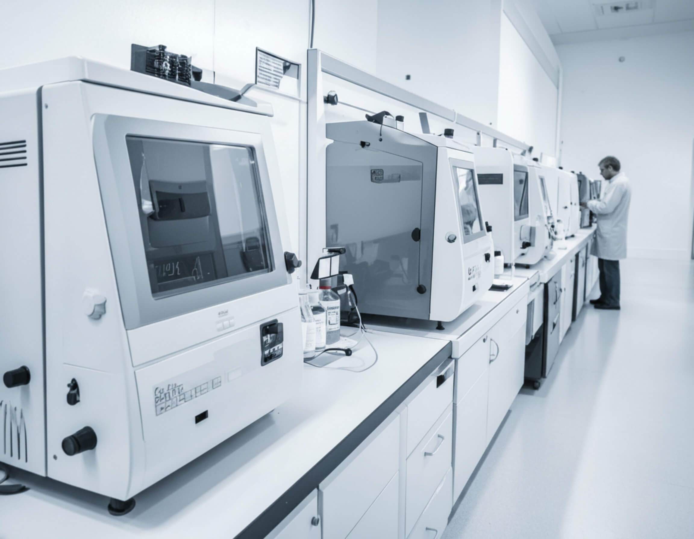 Laboratory equipment lined up on a workbench in a clean testing facility.