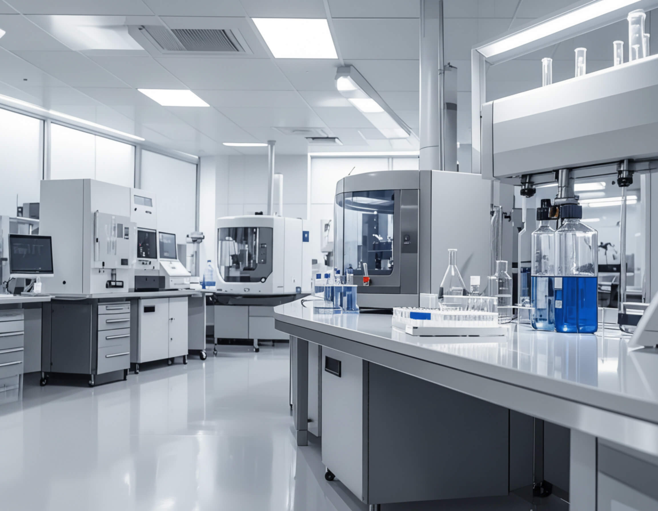 Modern laboratory with analytical equipment and glassware on workbenches.