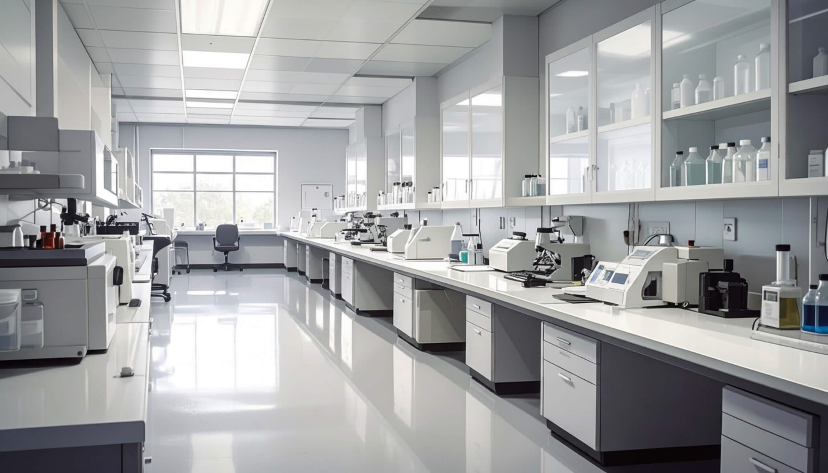Spacious modern laboratory with workbenches, microscopes, and analytical equipment.