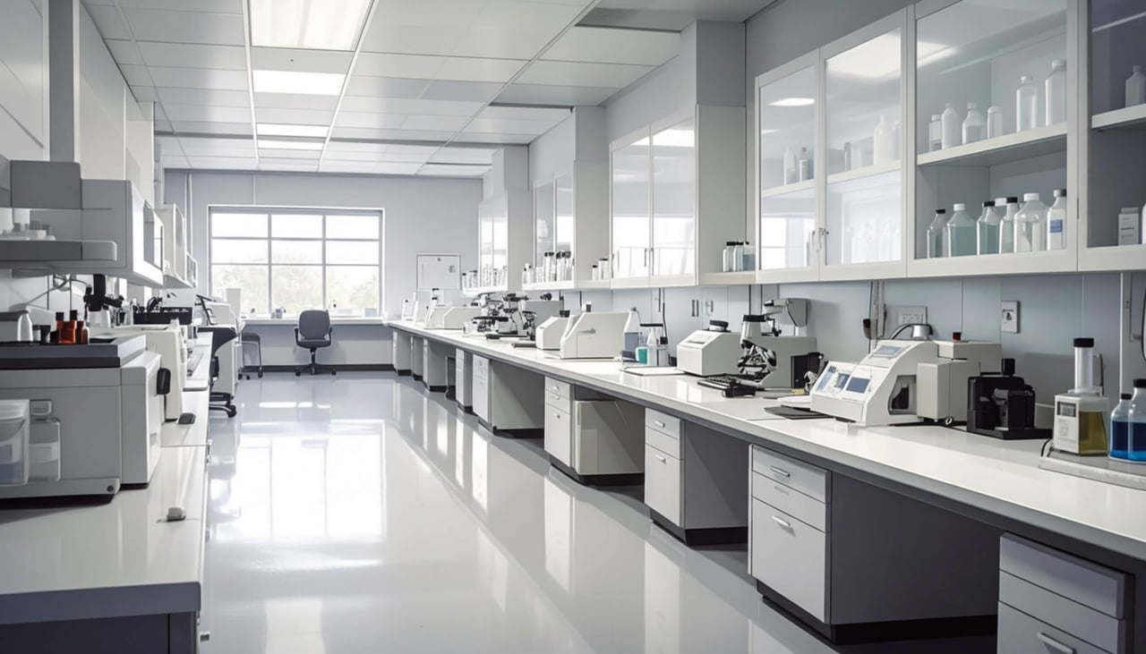 Spacious modern laboratory with workbenches, microscopes, and analytical equipment.