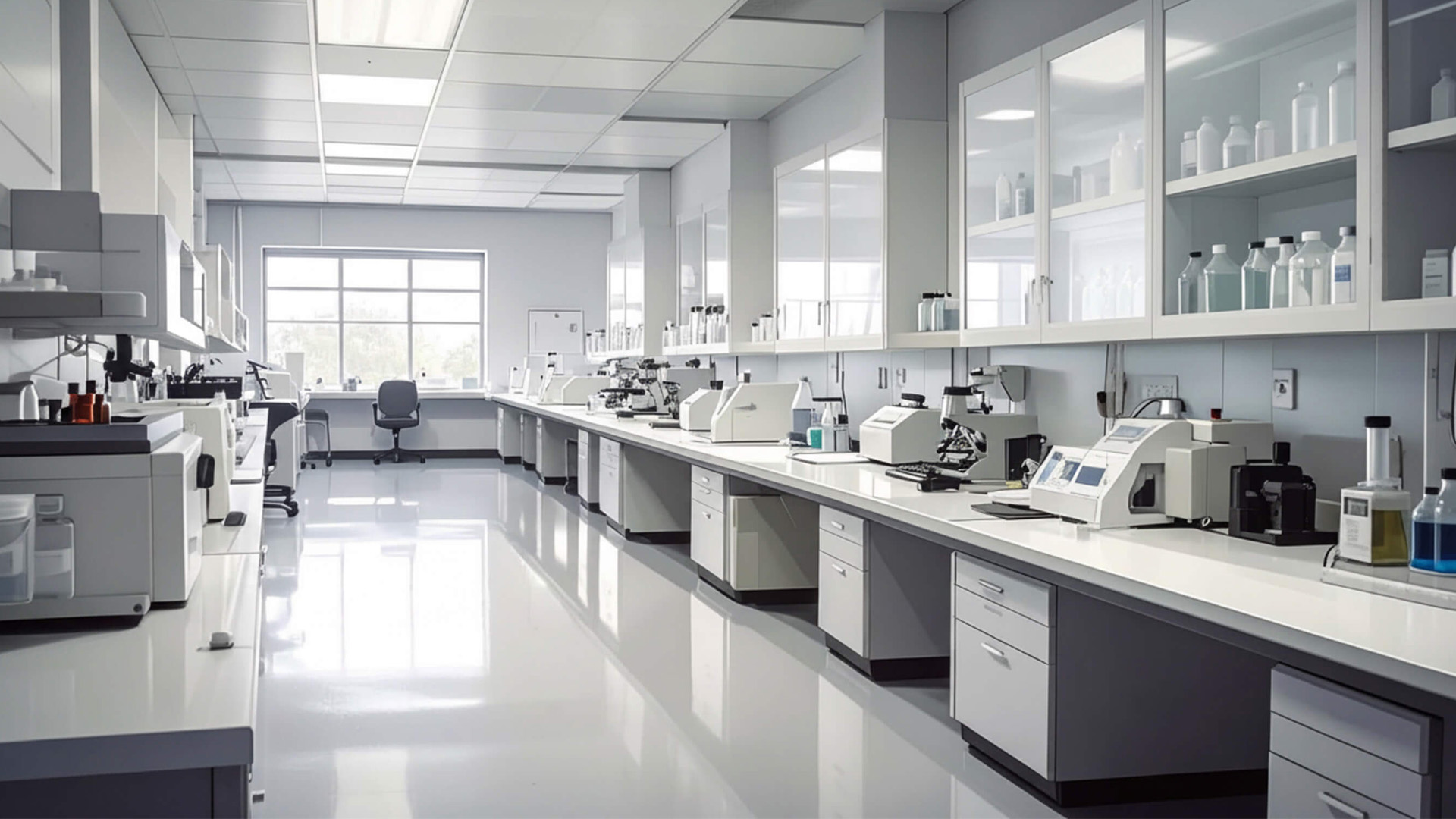 Spacious modern laboratory with workbenches, microscopes, and analytical equipment.