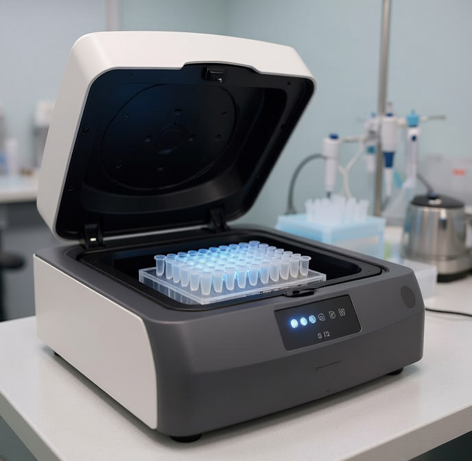 A laboratory machine displaying a tray filled with various test tubes for scientific experiments.