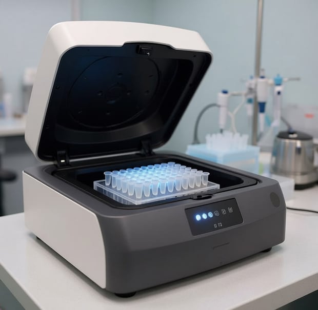 A laboratory machine displaying a tray filled with various test tubes for scientific experiments.