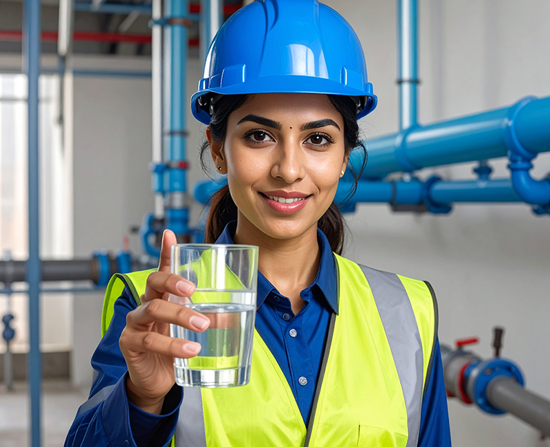 Technician holding a glass of water in an industrial water treatment facility.