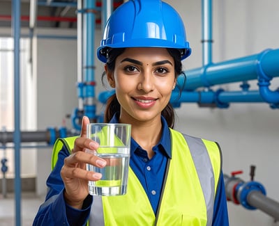 Technician holding a glass of water in an industrial water treatment facility.