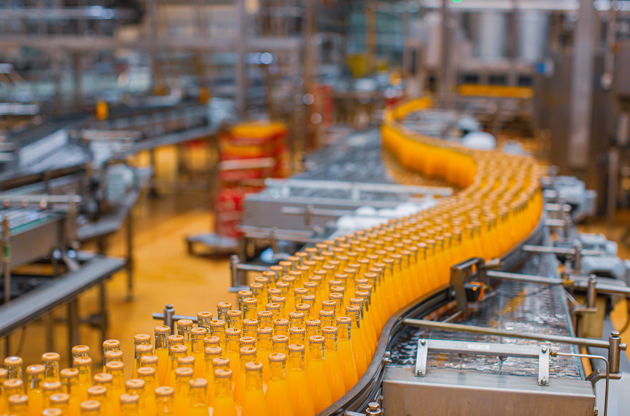 Glass bottles filled with orange juice move along a conveyor in a beverage bottling plant.