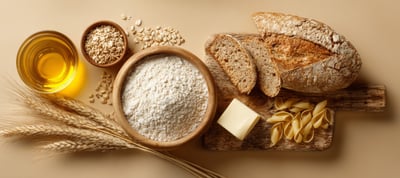 Assortment of whole grains and cereals with flour, wheat, bread and pasta on a neutral surface.