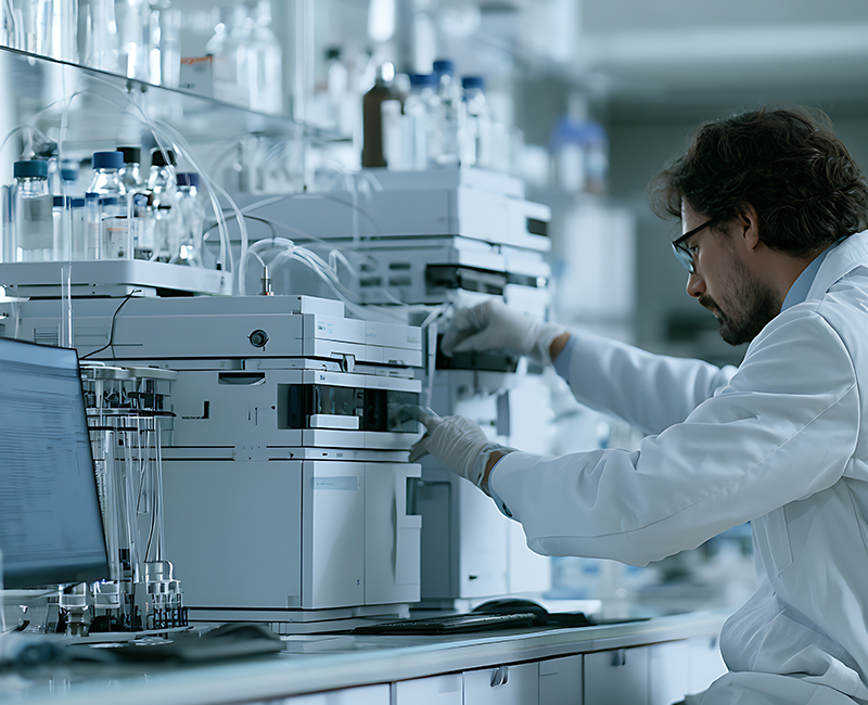 Laboratory analyst operating a chromatography system during pharmaceutical quality control testing.
