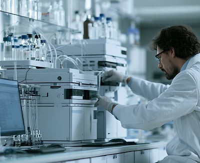 Laboratory analyst operating a chromatography system during pharmaceutical quality control testing.