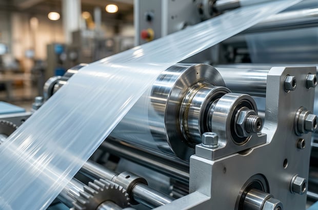 Transparent packaging film running over rollers on an industrial film production line.