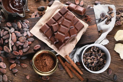 Cacao beans, powder, cacao butter, chocolate bar and chocolate sauce.