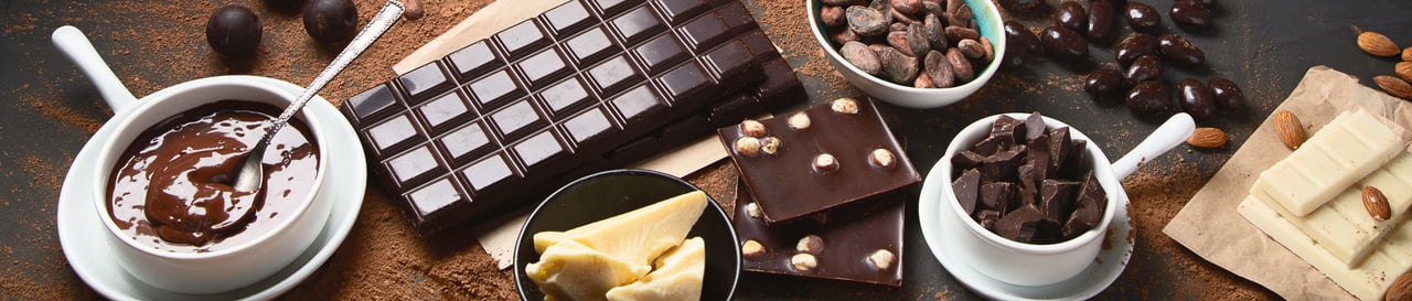Various chocolate products and raw cocoa ingredients for food quality Analysis.
