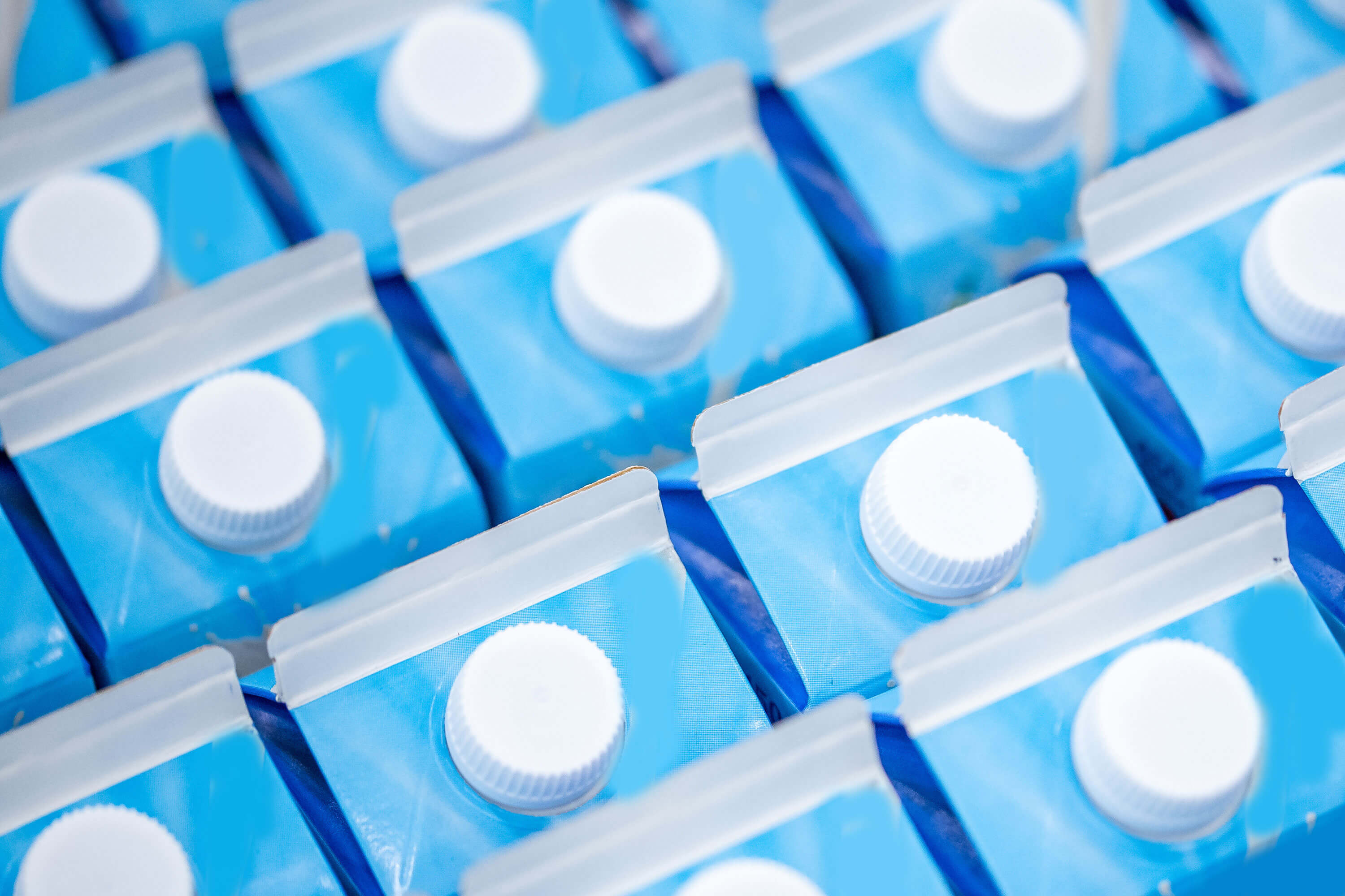 Blue milk cartons are lined up in rows on a production line.