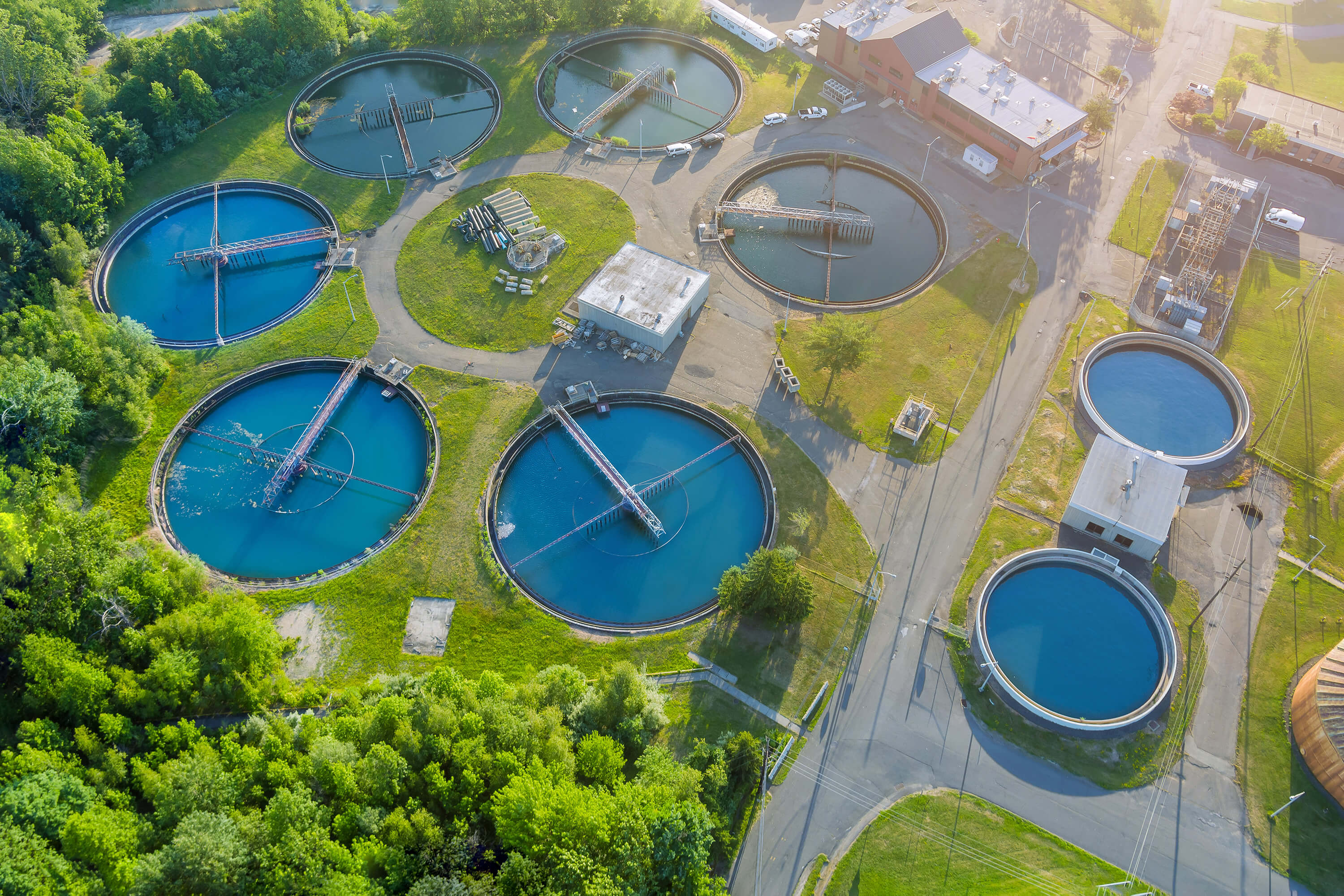 Panoramic view of a modern urban wastewater treatment plant used for water purification.