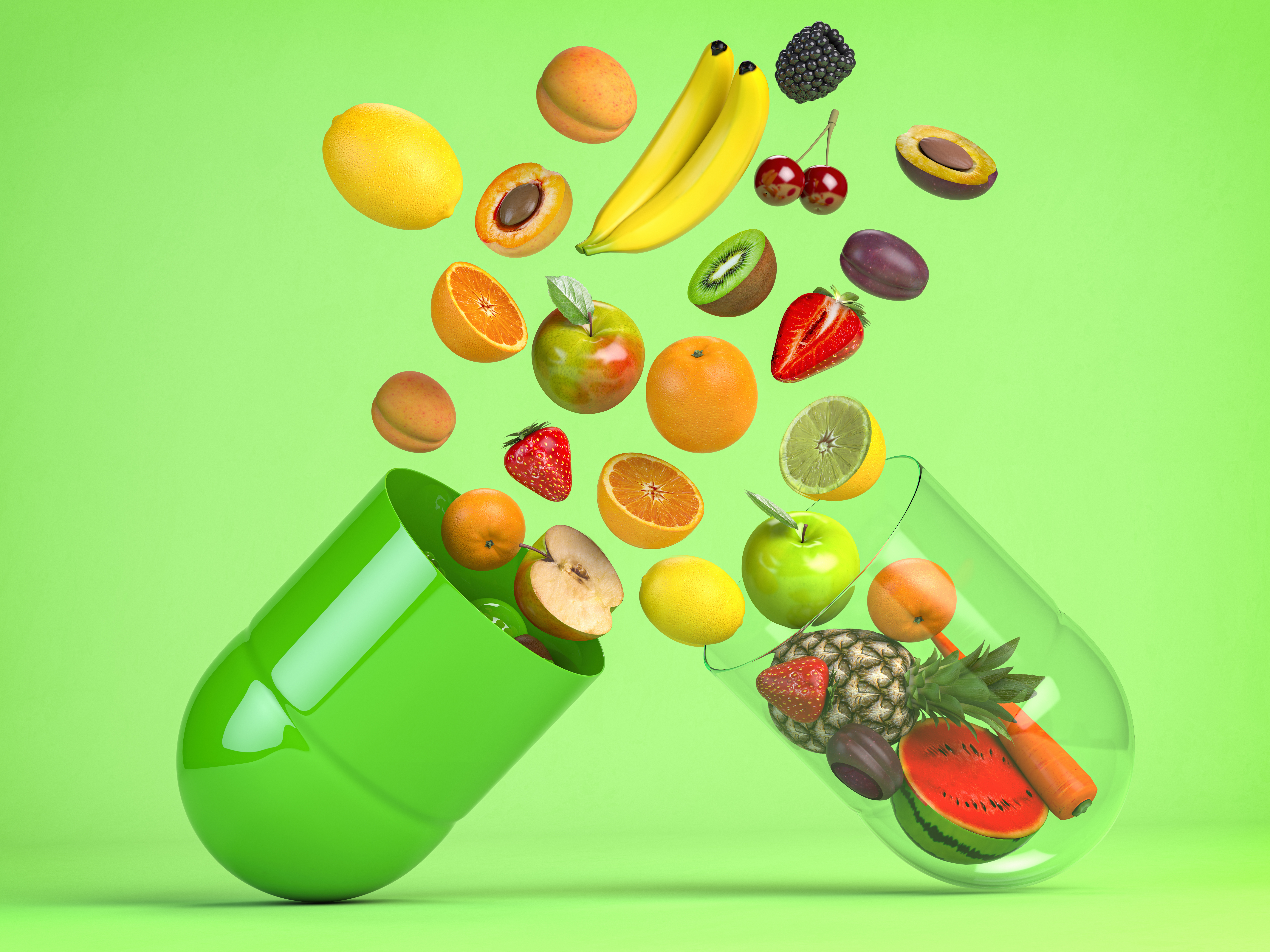 Dietary supplements represented by capsule with fruits symbolizing natural vitamins and nutrients.
