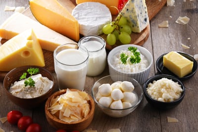 A variety of dairy products including cheese, milk, butter, and yogurt