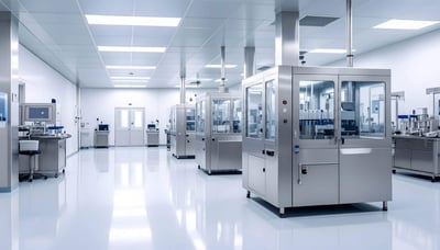 A large, sterile environment featuring multiple machines designed for clean production processes.
