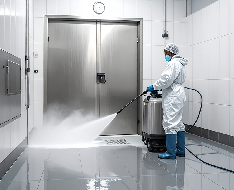 Worker in protective clothing cleaning a food processing line with a high-pressure sprayer.