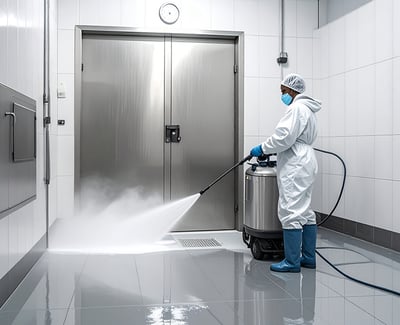Worker in protective clothing cleaning a food processing line with a high-pressure sprayer.