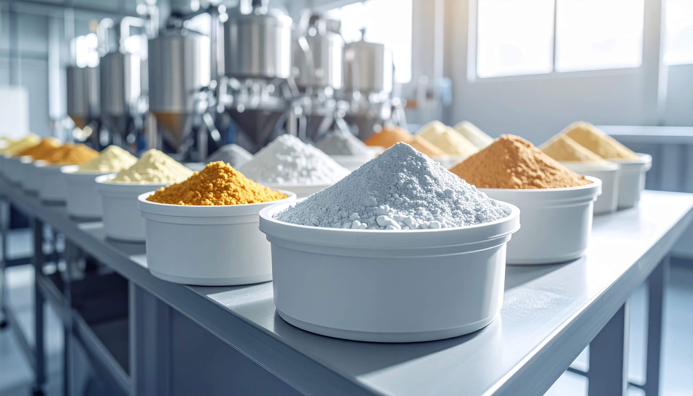 Containers of vitamin premix powder in different colors are arranged on a table in an industrial facility.
