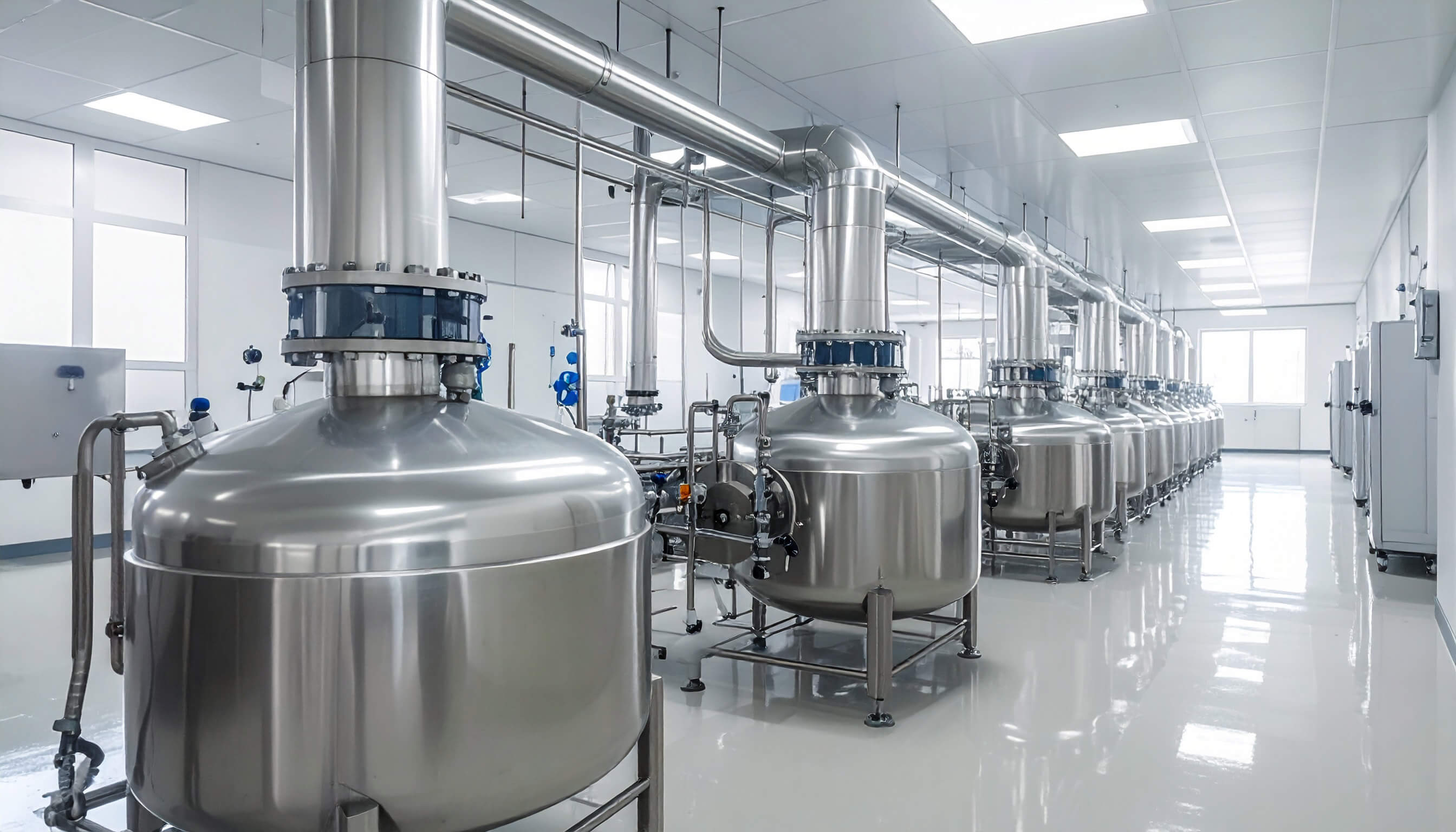 A row of stainless steel tanks and connected piping is installed in a clean industrial process water facility.