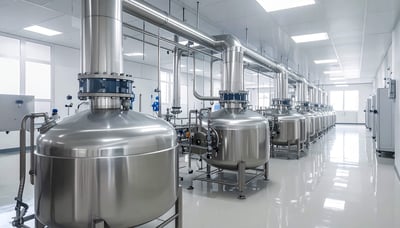 A row of stainless steel tanks and connected piping is installed in a clean industrial process water facility.