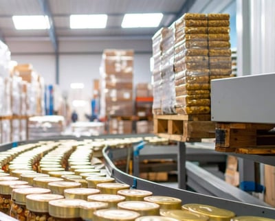 Jars move along a conveyor belt in a warehouse or packaging facility.