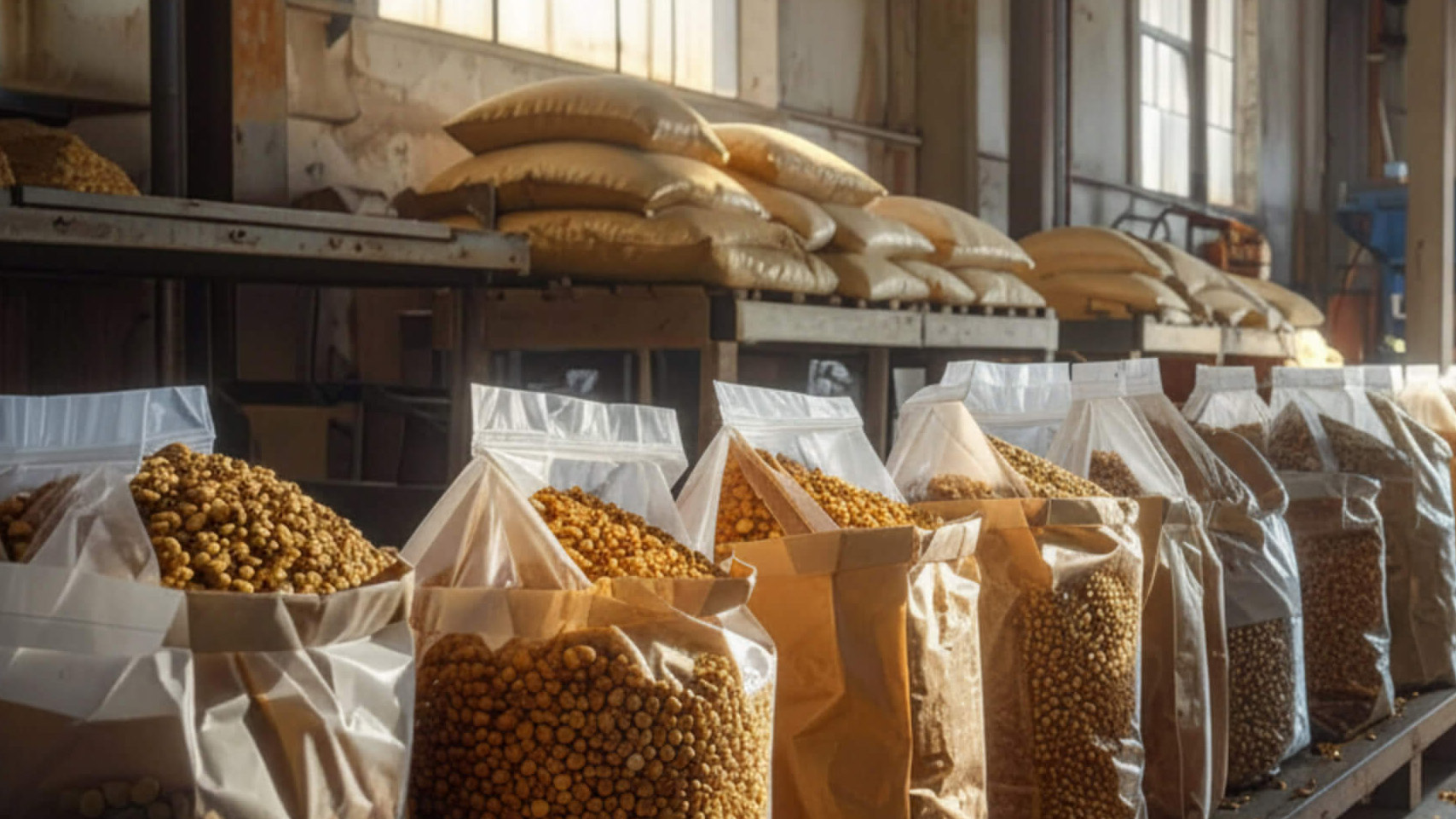 Bags of specialty feed ingredients are stored and arranged inside an industrial warehouse.