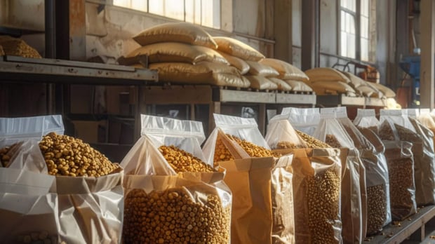Bags of specialty feed ingredients are stored and arranged inside an industrial warehouse.