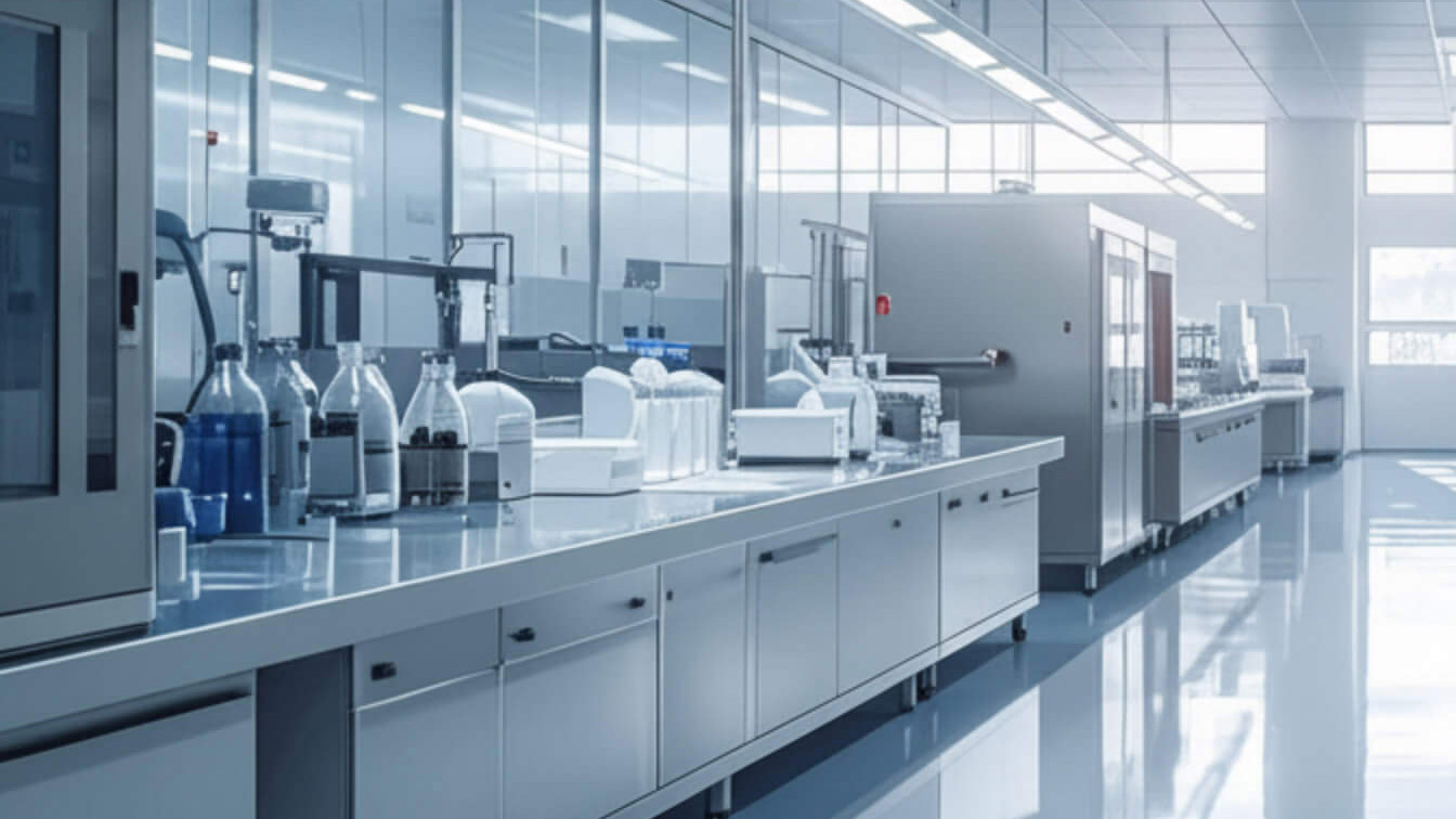 A sterile laboratory room is equipped with workstations, analytical instruments, and processing equipment.