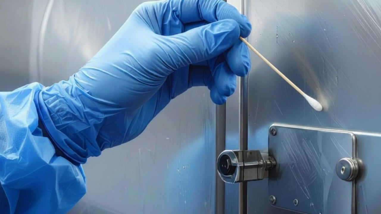 Gloved hand taking a surface swab from stainless steel equipment in a food production environment.