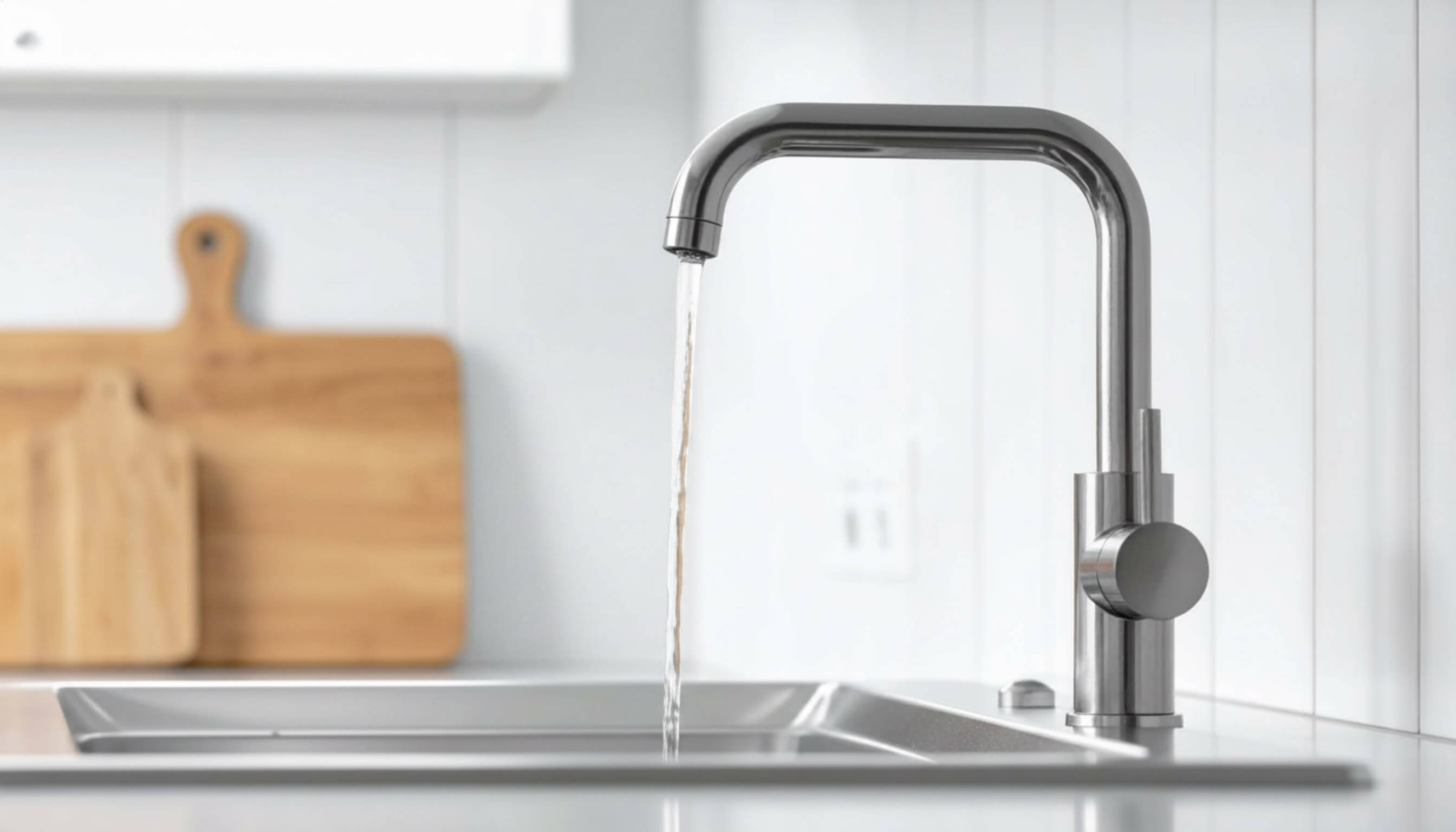A modern kitchen tap dispenses drinking water into a sink.