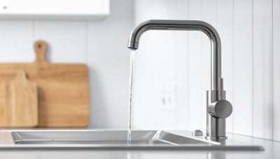 A modern kitchen tap dispenses drinking water into a sink.