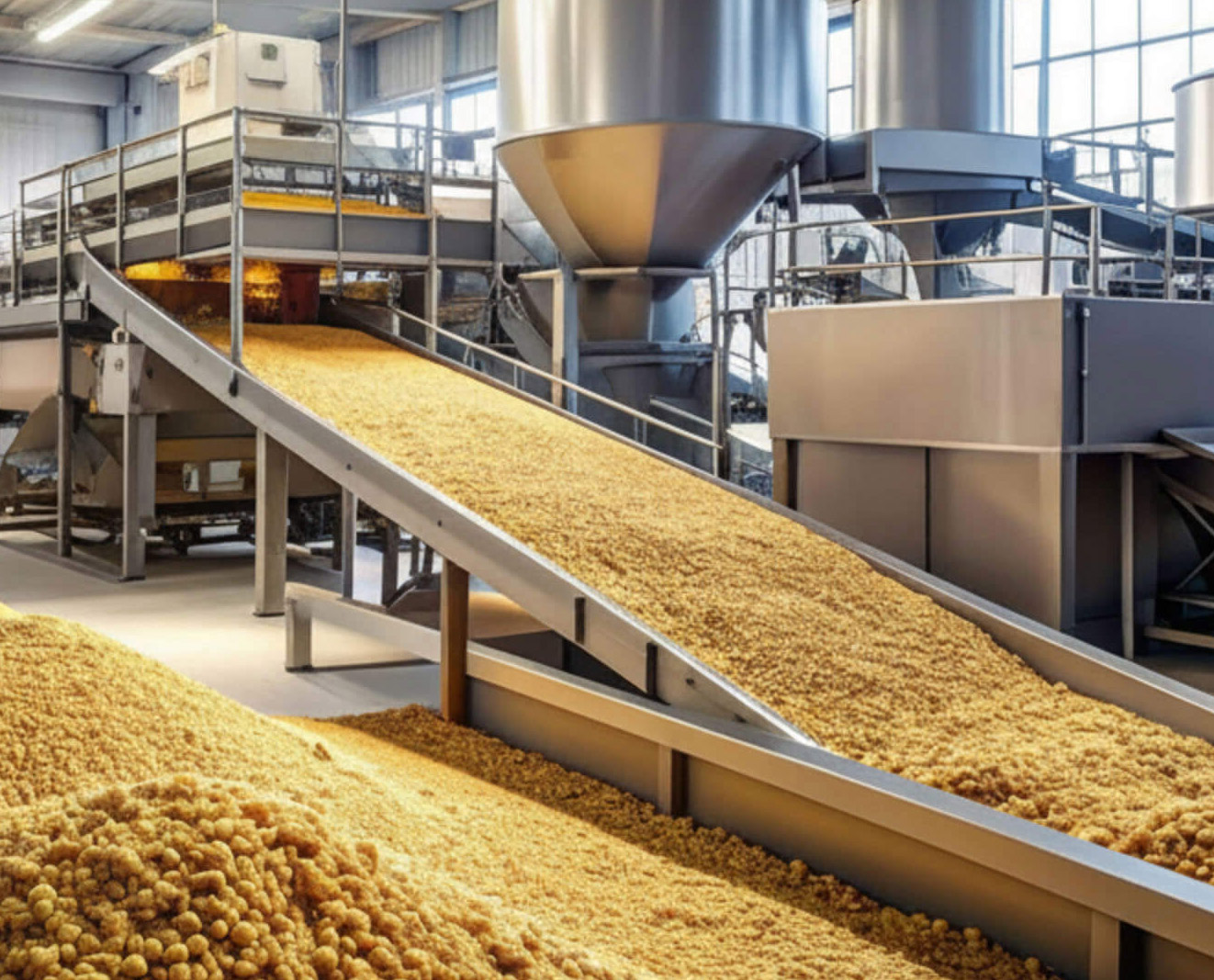 An industrial facility processes large quantities of feed ingredients with conveyors, metal silos, and piles of pellet-like material.