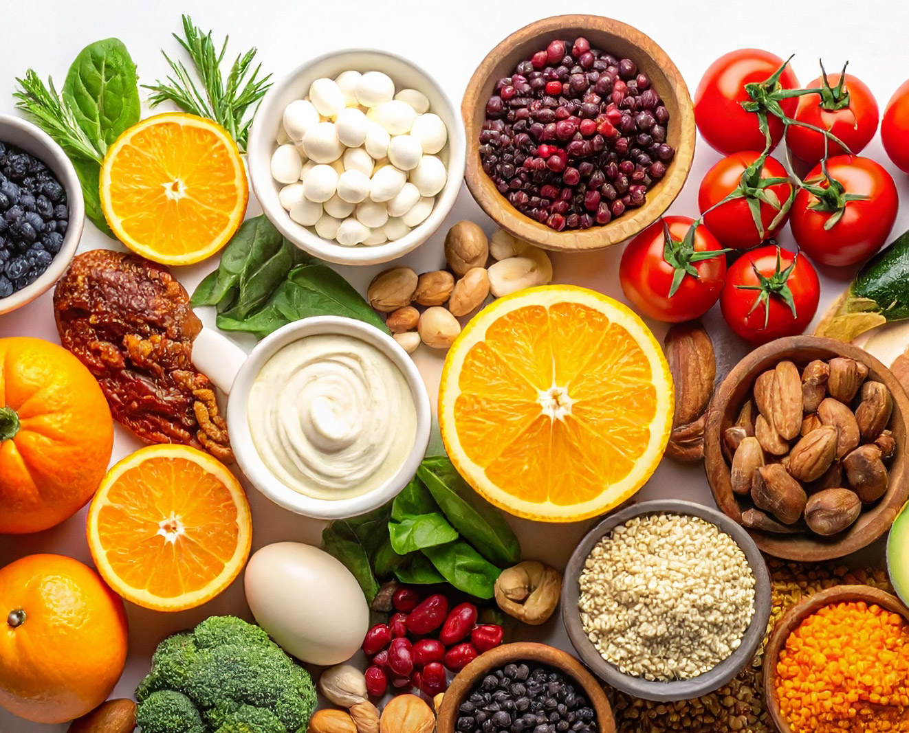 A variety of heart-healthy foods, including fruits, vegetables, and nuts, rich in essential vitamins and nutrients.