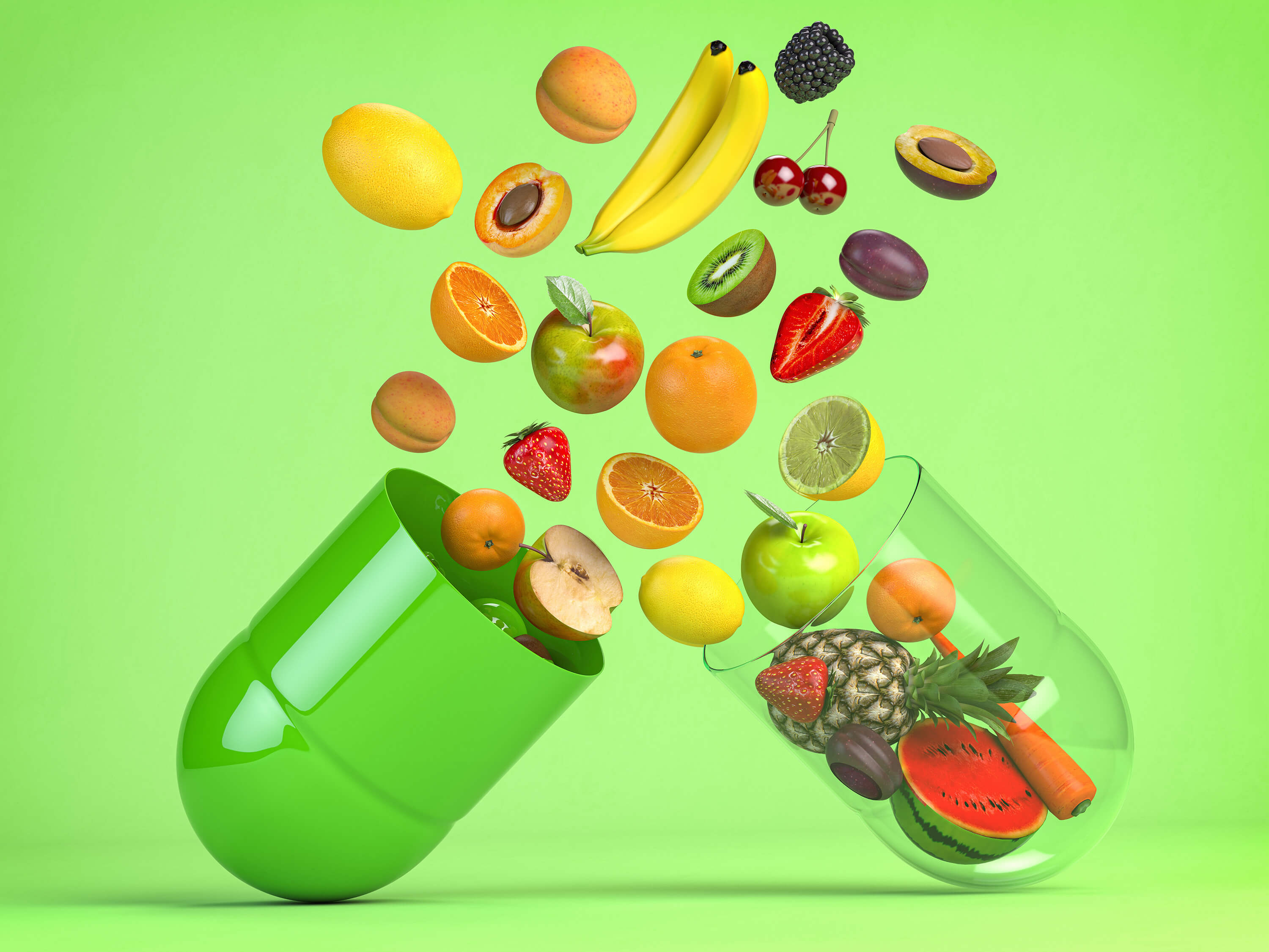 Different fruits in medical capsule, Vitamin dietary supplement and health nutrition concept.