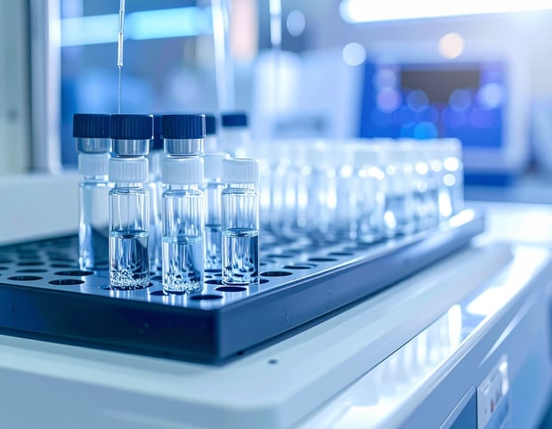 Several test tubes placed on a tray in a laboratory setting, showcasing a scientific environment.