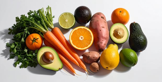 A colorful assortment of fruits and vegetables displayed on a white surface, showcasing their vibrant colors and textures.